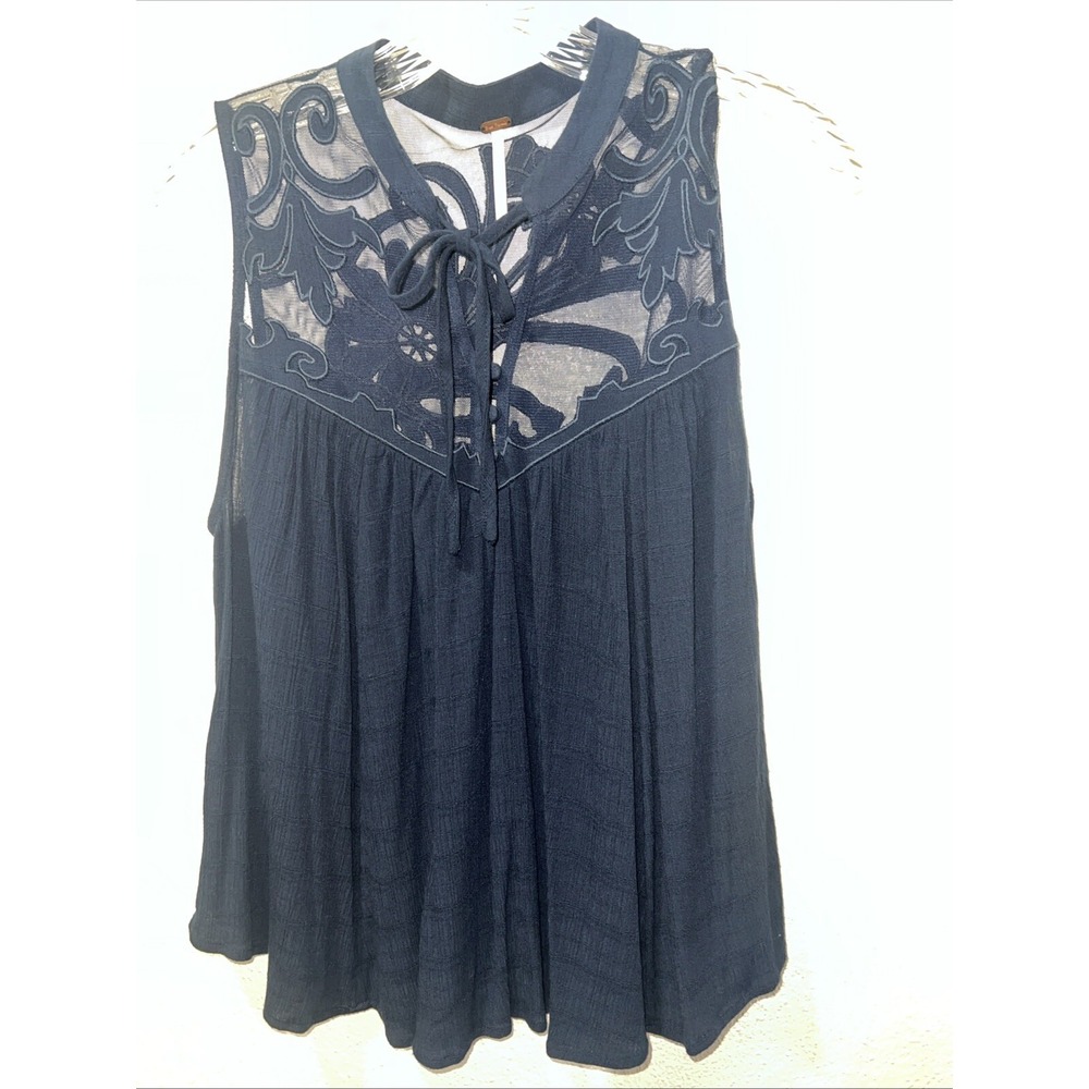 free people top Blue Sheer‎ Button Tie Top Size Small P Babydoll Embroidered